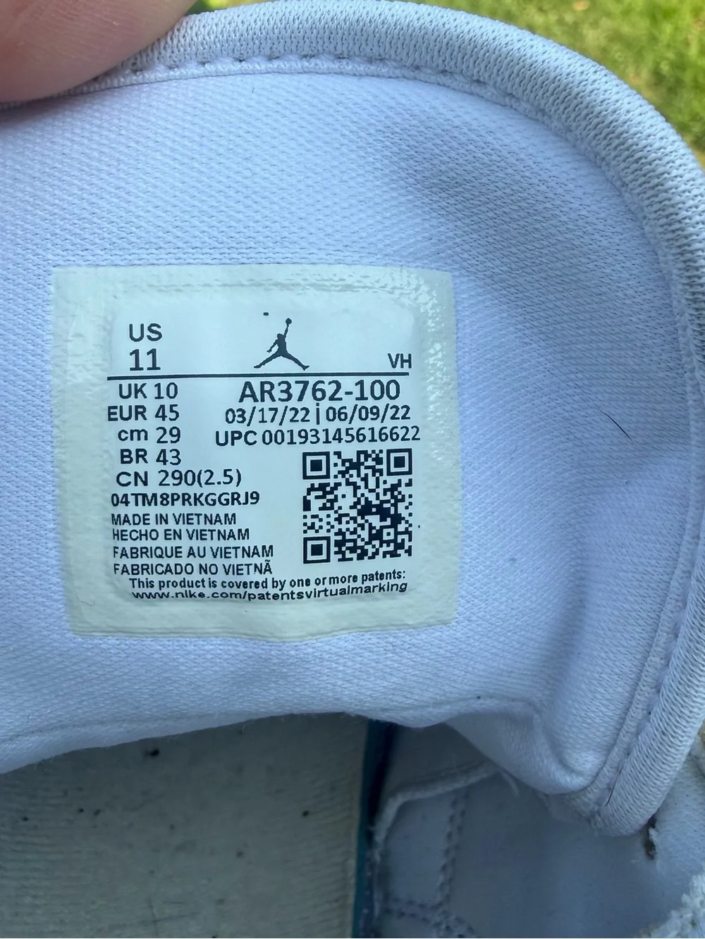Jordan White High-Top Sneaker Inner Label View